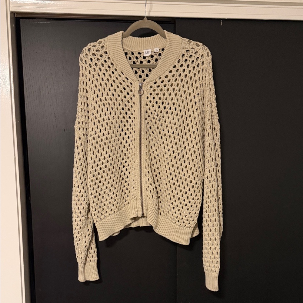 GAP Cream Open-Knit Zip Front Cardigan